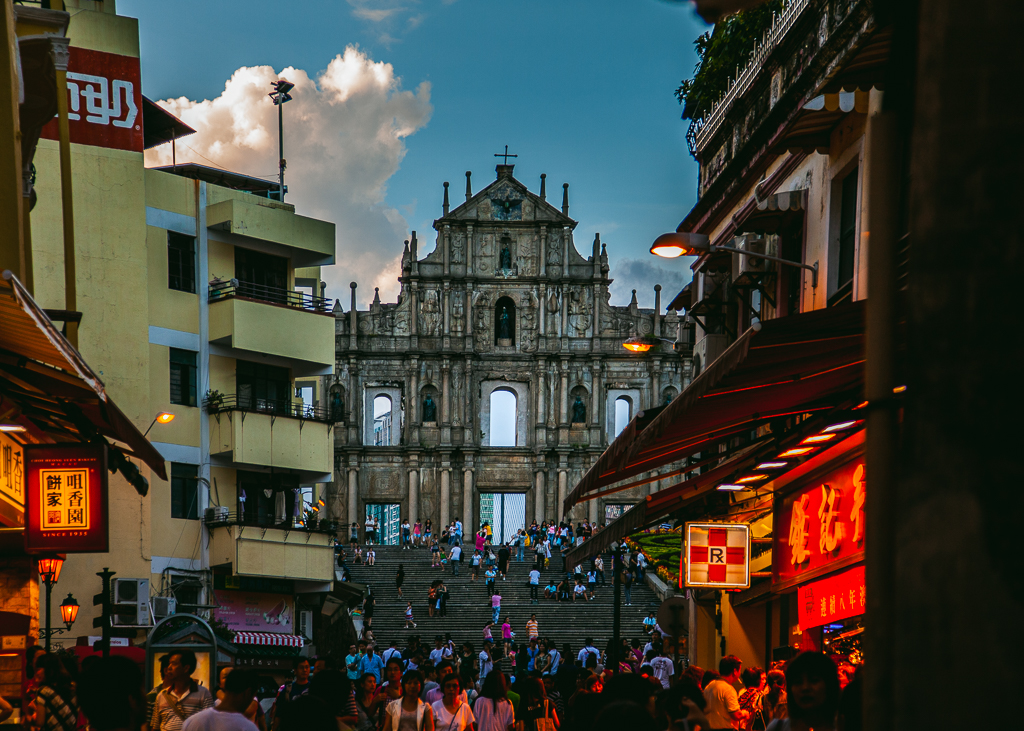 St. Paul's Cathedral Rings in Macau from the perspective of the bottom of the staircase.